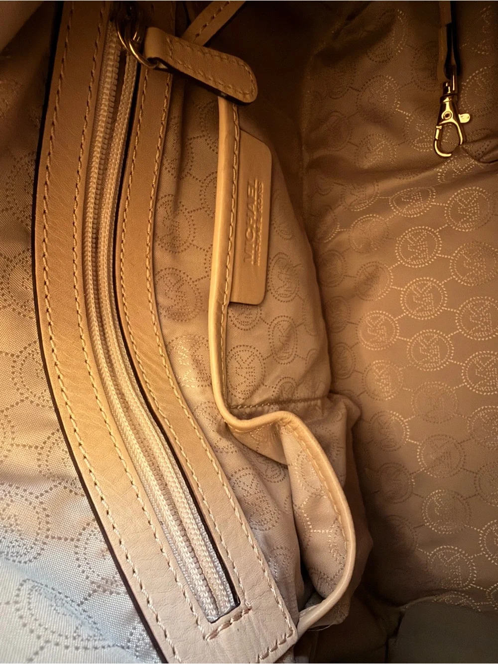 Michael Kors Cream Logo Satchel with Tan Leather Trim and Gold Hardware